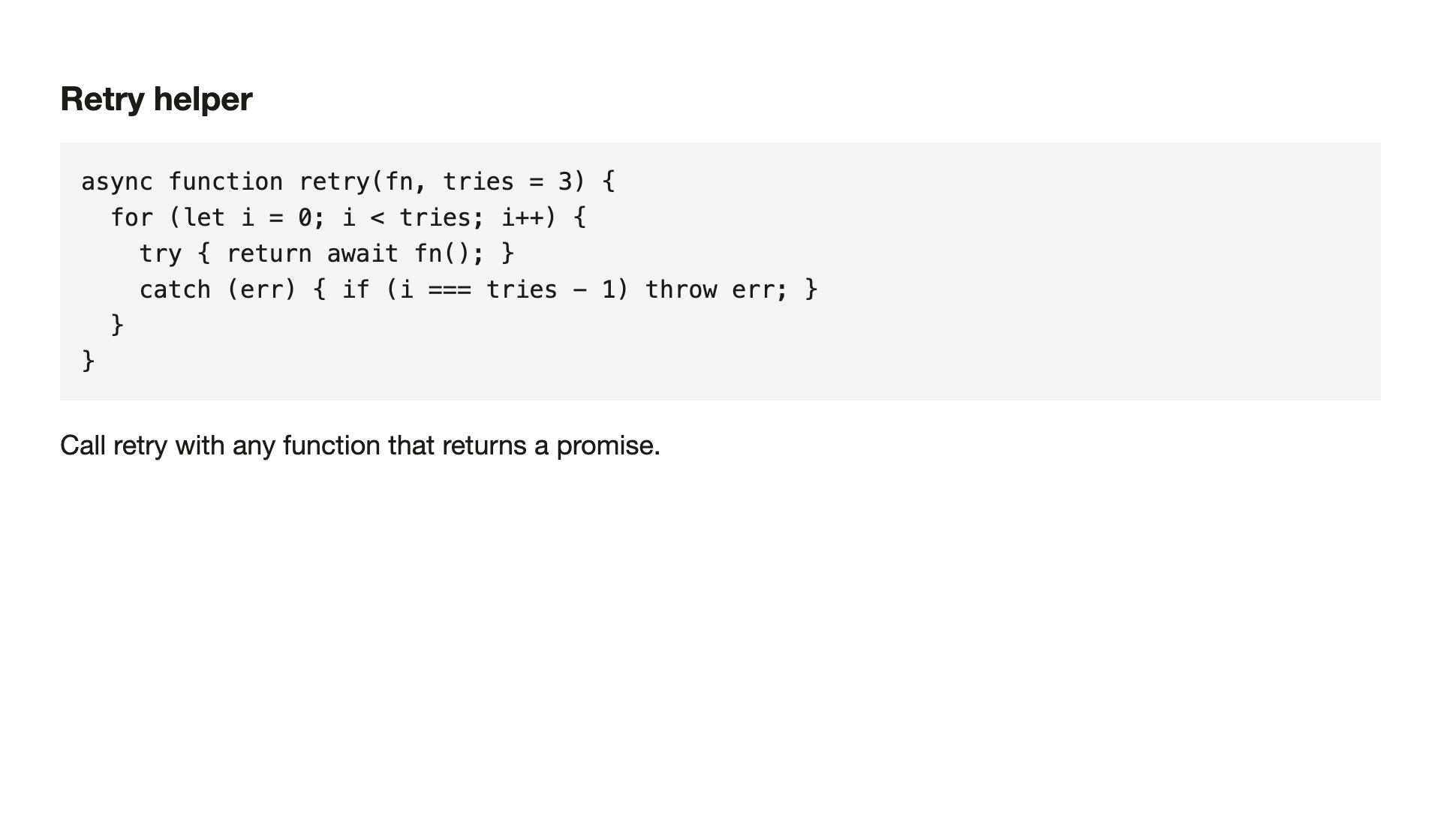 A short JavaScript function with a heading above and a sentence below