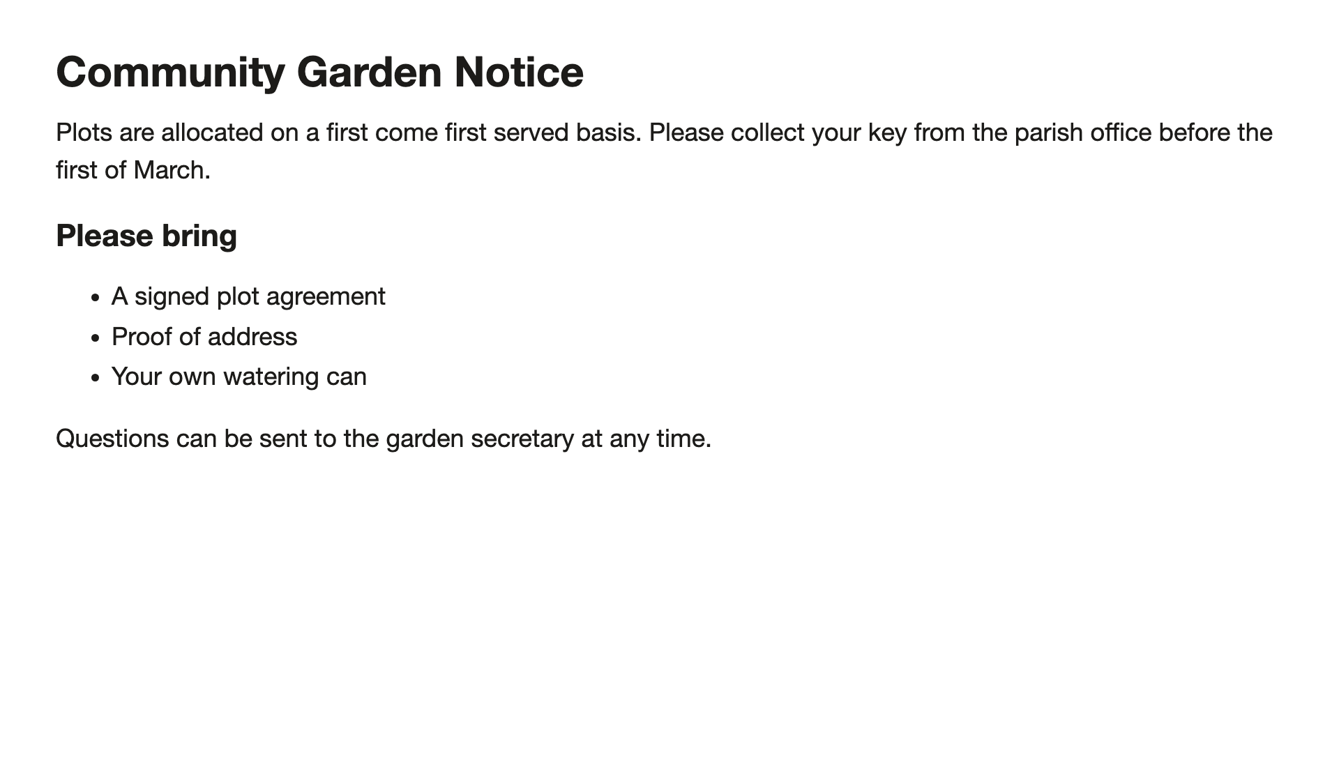 A pinned community notice with a heading, a paragraph, a short list and a closing line