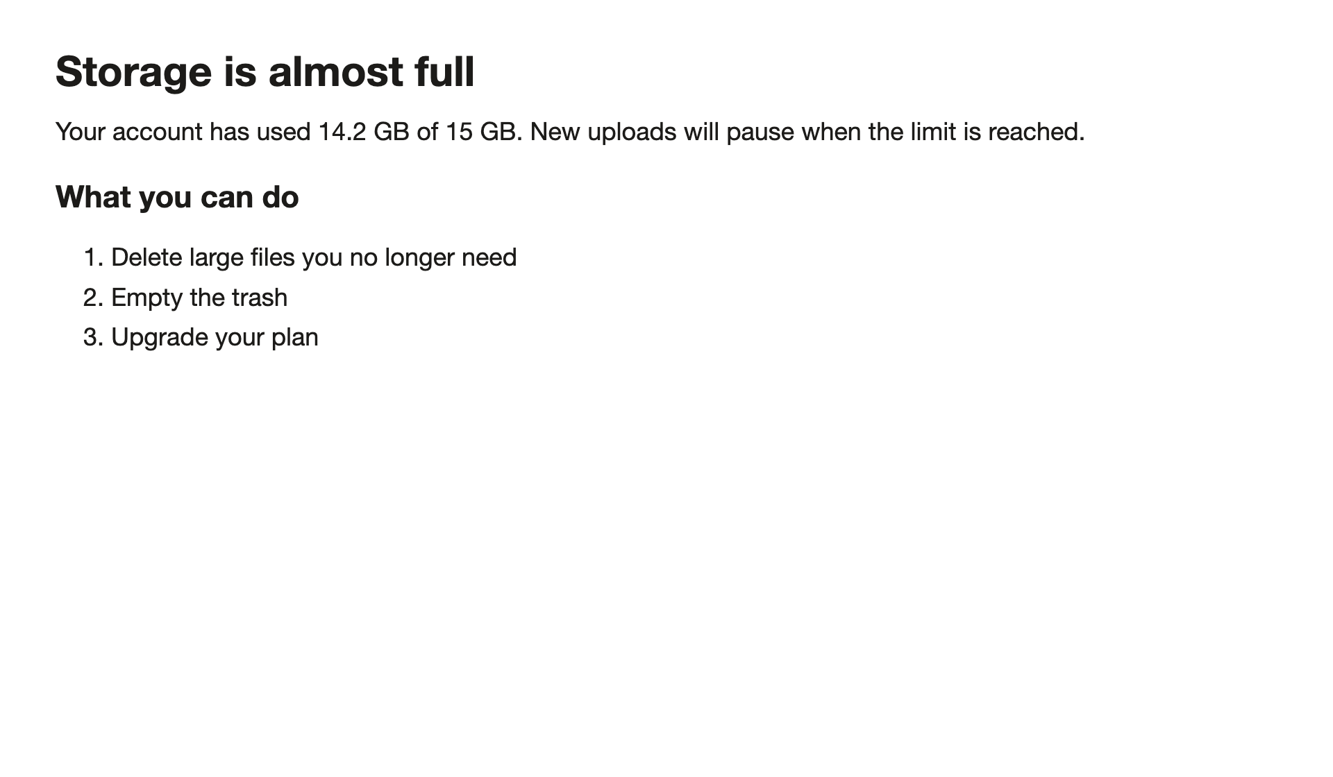 A storage warning dialog with a heading, an explanation and three numbered steps
