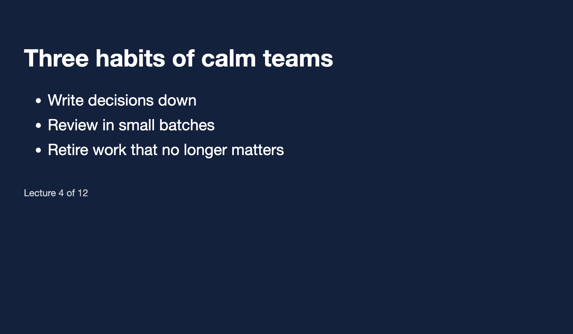 A lecture slide with a title, three points and a footer, captured from a paused video